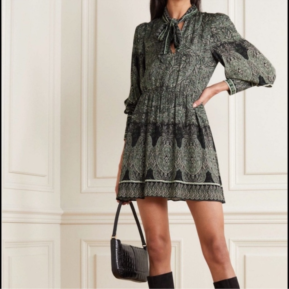 Alice + Olivia Tanisha dress boho green paisley neck tie celebrity